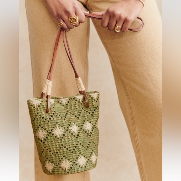NWOT Sezane Rosie Basket Bag in Olive Green Raffia - Picture 2 of 6